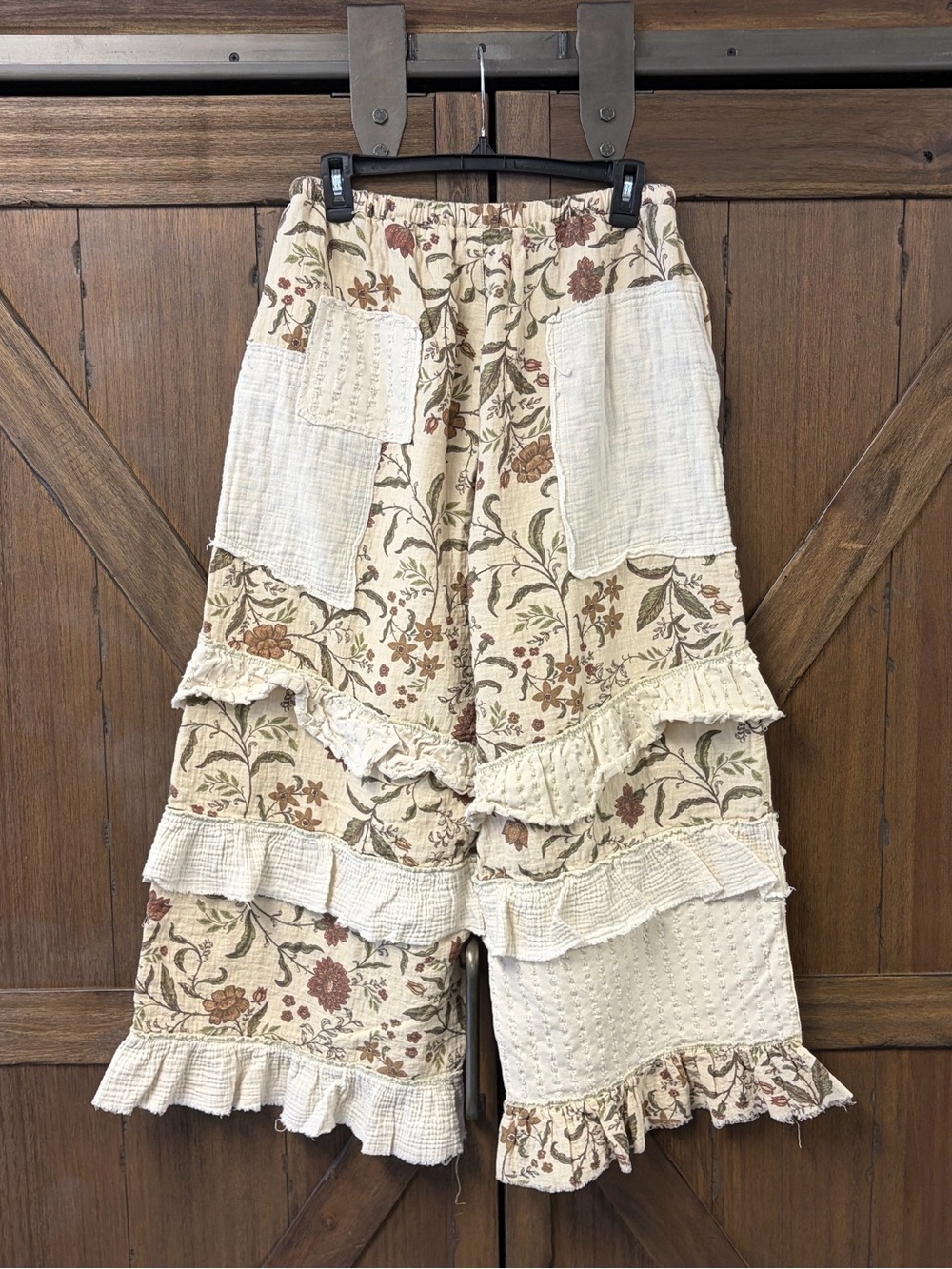 POL Woven Patchwork Floral Wide Leg Boho Cotton Pants Natural Cream Size Small - Picture 3 of 6